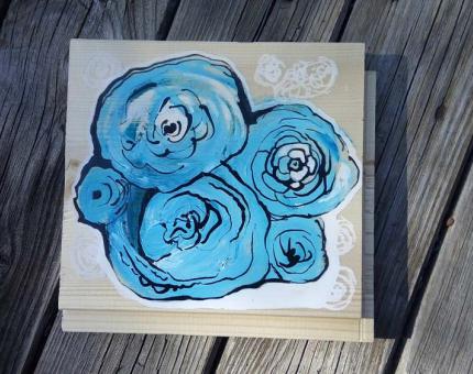 illustration Julie Loomis - médiums divers sur bois - Roses bleues.